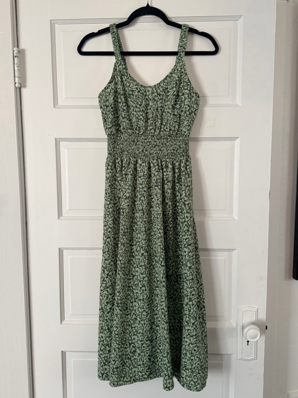 Green Printed Smocked-Waist Midi Dress
